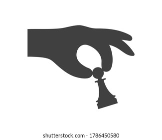 Black and white chess icon template. Human hand holding pawn figure isolated on white background. Chess tournament and professional sport competition symbol. Chess club sign vector illustration.