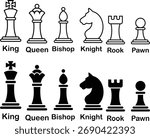 Black and white chess icons set, outline and solid collection of vector pieces, flat line style group design including king, queen, bishop, knight, rook, pawn illustrations