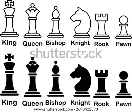 Black and white chess icons set, outline and solid collection of vector pieces, flat line style group design including king, queen, bishop, knight, rook, pawn illustrations