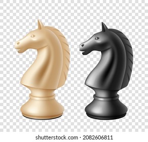 Iconos de ajedrez en blanco y negro aislados en fondo transparente. Ajedrez personaje de caballero. Símbolo de caballo. Diseño de conceptos de juego y competencia. Ilustración vectorial 3d realista