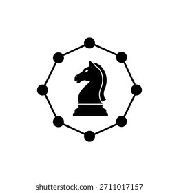 Cavalo de xadrez preto e branco dentro de ícone de rede hexagonal para conexão de estratégia