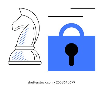 Black and white chess knight next to a blue lock symbol with black keyhole Ideal for themes cybersecurity, online protection, strategic planning, data privacy, intellectual property. Simple