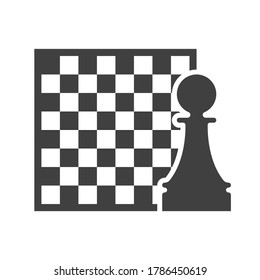 Plantilla de logotipo de ajedrez en blanco y negro. Figura de peón en el fondo del tablero. Torneo de ajedrez y símbolo de competición deportiva profesional. Ilustración vectorial de signo gráfico del club de ajedrez o escuela.