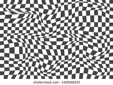 Black and white chess optical illusion, abstract surreal background with distortion. Vector horizontal monochrome illustration.