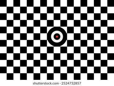 Black and white chess pattern with circular target with red dot. Checkerboard seamless vector illustration. Abstract checkered checkerboard for game. Grid geometric rectangle shape. 