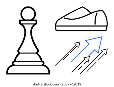 Black and white chess pawn beside shoe, three ascending arrows. Ideal for strategy, progress, growth, success, development, career advancement, motivation. Line metaphor