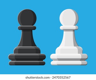 Black and white chess pawn piece. Chess sport game. Vector illustration in flat style