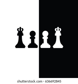 black & white Chess pawn simple cartoon isolated vector with king & queen icon or symbol on flat design on background. four modern chess pieces game for business. strategy & tactic gmae