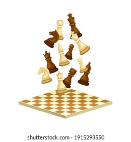 Black and White Chess Piece or Chessman Floating Above Checkered Chessboard Vector Illustration