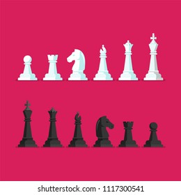 Black and White Chess piece vector icons set. king queen bishop knight rook pawn