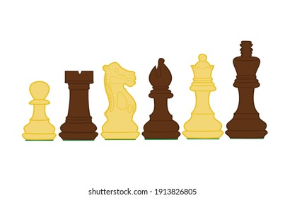 black and white chess pieces arranged in size isolated on a white background