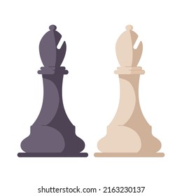 Black and white chess pieces, bishop. Modern figures of boardgame. Chess figures for strategy board game, leisure activity, mind sport. Flat vector illustration isolated