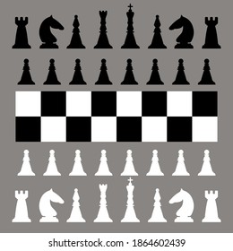 Black and White Chess pieces. Board game. King, queen, bishop, knight, castle, pawn. Vector illustration.