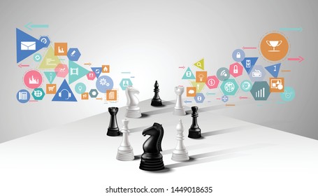Black and white chess pieces casting a long shadow  - Polygon, Geometry, Colorful, icon - modern Vector illustration Business.