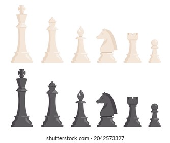 Black and white chess pieces. Classic items in cartoon style