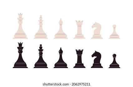 Black and white chess pieces. King, queen, bishop, rook, horse and pawn. Boardgame. Chessmen. Flat vector illustrations.