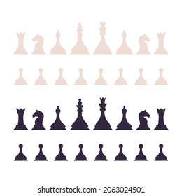 Black and white chess pieces. King, queen, bishop, rook, horse and pawn. Boardgame. Chessmen. Flat vector illustrations.