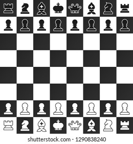 Black and White Chess Pieces on Chessboard Vector Design. Strategy Game Symbol.