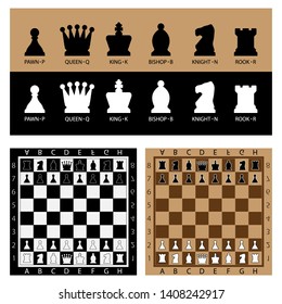 Black and white chess pieces on a beige and brown background with a chessboard and an inscription