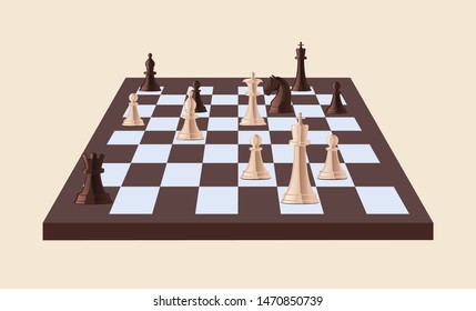 Black and white chess pieces on chessboard isolated on light background. Strategy game played on checkered board. Leisure activity, competition or tournament. Vector illustration in cartoon style.