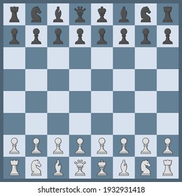 Black And White Chess Pieces On Blue Board. Flat Vector Assets For Game.