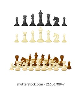 Black and white chess pieces on chessboard set. People playing intellectual strategic board game vector illustration