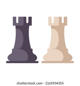 Black and white chess pieces, rook. Modern figures of boardgame. Chess figures for strategy board game, leisure activity, mind sport. Flat vector illustration isolated on