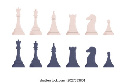 Juego de piezas de ajedrez en blanco y negro. Filas de reina, rey, obispo, rook, caballo y peón de diferentes equipos. Figuras modernas del juego de mesa. Chessmen de ajedrez. Isolación de ilustraciones vectoriales planas