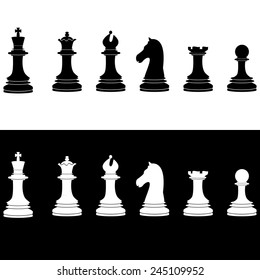 Black and white chess pieces vector icon set - with king, queen, bishop, knight, rook, pawn