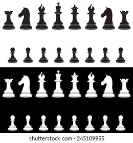 Black and white chess pieces vector icon set - with king, queen, bishop, knight, rook, pawn