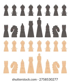 Black and white chess pieces. Vector illustrations in cartoon style. King, queen, rook, bishop, knight and pawns. Chessmen set. Design elements in flat style on white background