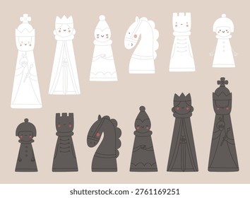 Black and white chess pieces. Vector illustrations in cartoon style. King, queen, rook, bishop, knight and pawns. Chessmen set. Design elements in flat style.