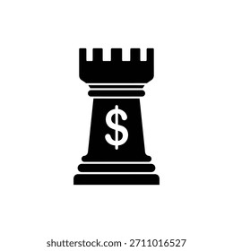 Torre de xadrez preta e branca com ícone de símbolo de dólar para estratégia financeira