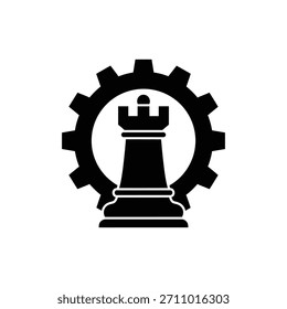 Icono blanco y negro de la torre de ajedrez sobre el engranaje que representa operaciones estratégicas