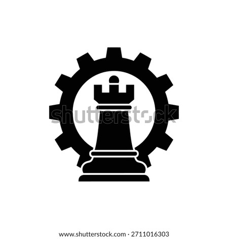 Black and White Chess Rook Icon Over Gear Representing Strategic Operations