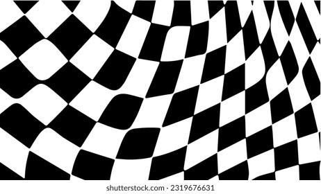 Black and white chess wave pattern. Checker board swirl background. Warp optical hypnotic trippy grid. Geometric vector illustration. Seventies style. Groovy hippie design.