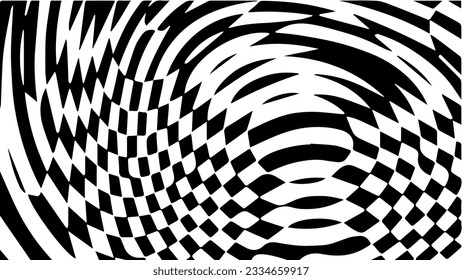 Black and white chess wave pattern. Checker board swirl background. Warp optical hypnotic trippy grid. Geometric vector illustration. Seventies style. Groovy hippie design.
