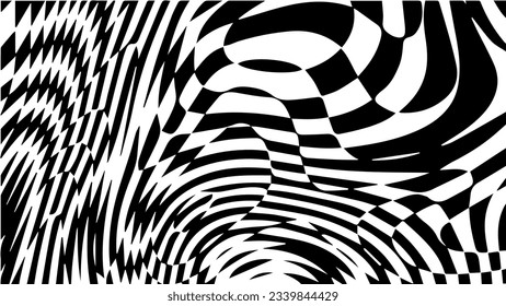 Patrón de ondas de ajedrez en blanco y negro. Fondo del giratorio del tablero de verificación. Deformar la rejilla trippy hipnótica óptica. Ilustración vectorial geométrica. Estilo de los setenta. Diseño hippie groovy.