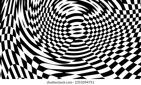 Black and white chess wave pattern. Checker board swirl background. Warp optical hypnotic trippy grid. Geometric vector illustration. Seventies style. Groovy hippie design.