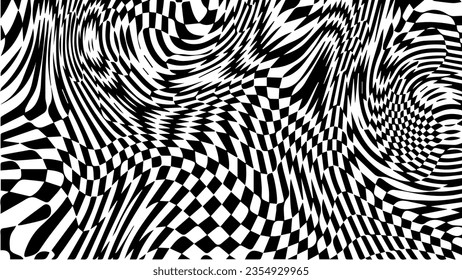 Patrón de ondas de ajedrez en blanco y negro. Fondo del giratorio del tablero de verificación. Deformar la rejilla trippy hipnótica óptica. Ilustración vectorial geométrica. Estilo de los setenta. Diseño hippie groovy.