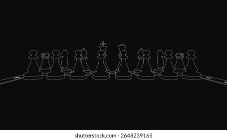 Black and white chessboard with arranged pieces, showcasing a strategic game in progress. The dark background enhances contrast, highlighting the intricate details of each chess piece.