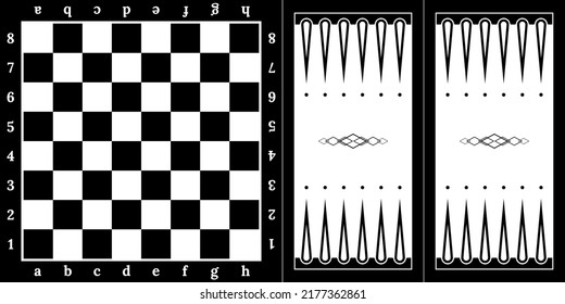Black and white chessboard and backgammon board for playing with chips and dice, top view vector illustration. Abstract pattern for tabletop, vintage empty checkerboard for strategy games background