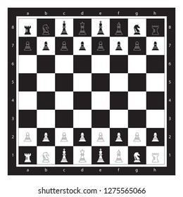 Black and White ChessBoard With Chess Figurine Algebraic Notation. Chess Game Vector illustration. Chess Figures King, Queen, Bishop, Knight, Rook, Pawn. Chess Board Illustration.