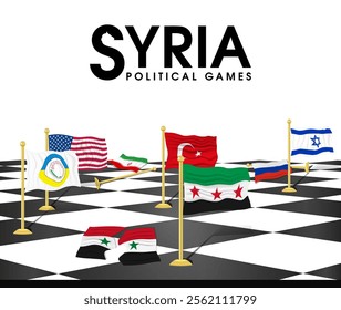 Black and white chessboard with colored flags as an analogue of political games after the fall of the Syrian dictatorship. The new flag of Syria. Political defeat of Iran and Russia in the east