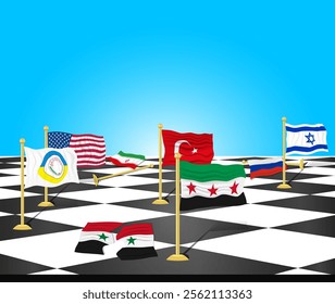 Black and white chessboard on a blue background with colored flags as an analogy of political games after the fall of the Syrian dictatorship. The new flag of Syria. Political defeat