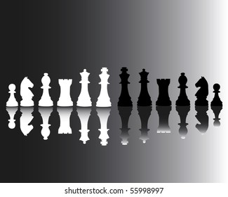 Black and white chessmen reflected in a grey background