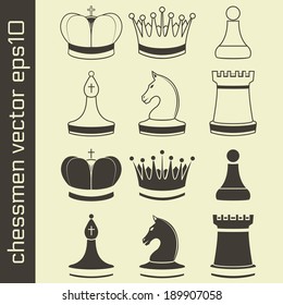 Black and White Chessmen Set with King, Queen, Pawn, Bishop, Knight, Rook. ?hess pieces. Vector Illustration