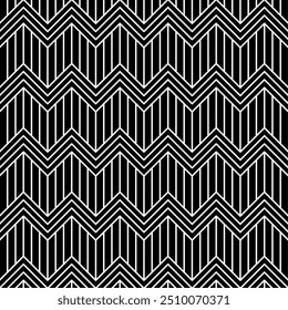 Padrão de divisa em preto-e-branco com linhas verticais onduladas que criam uma ilusão óptica. Design minimalista e elegante adequado para fundos, têxteis ou elementos gráficos.