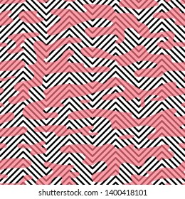 Black and White Chevron Seamless Pattern with Pink Stains Vector Abstract Zigzag Background