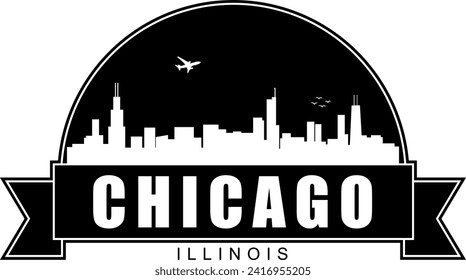 Schwarz-Weiß Chicago Illinois baut skyline-negative Luft-Raum Silhouette Kuppel geformt Emblem mit Scrollbanner unten und Namen Text innen. Vektorgrafik-Design.